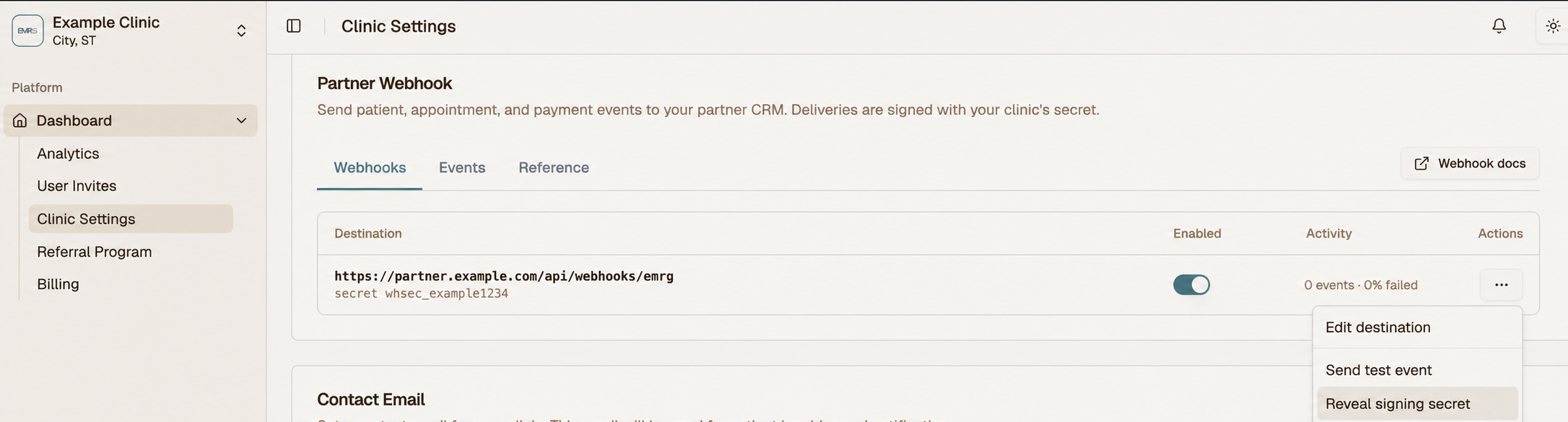Partner Webhook destination actions menu
