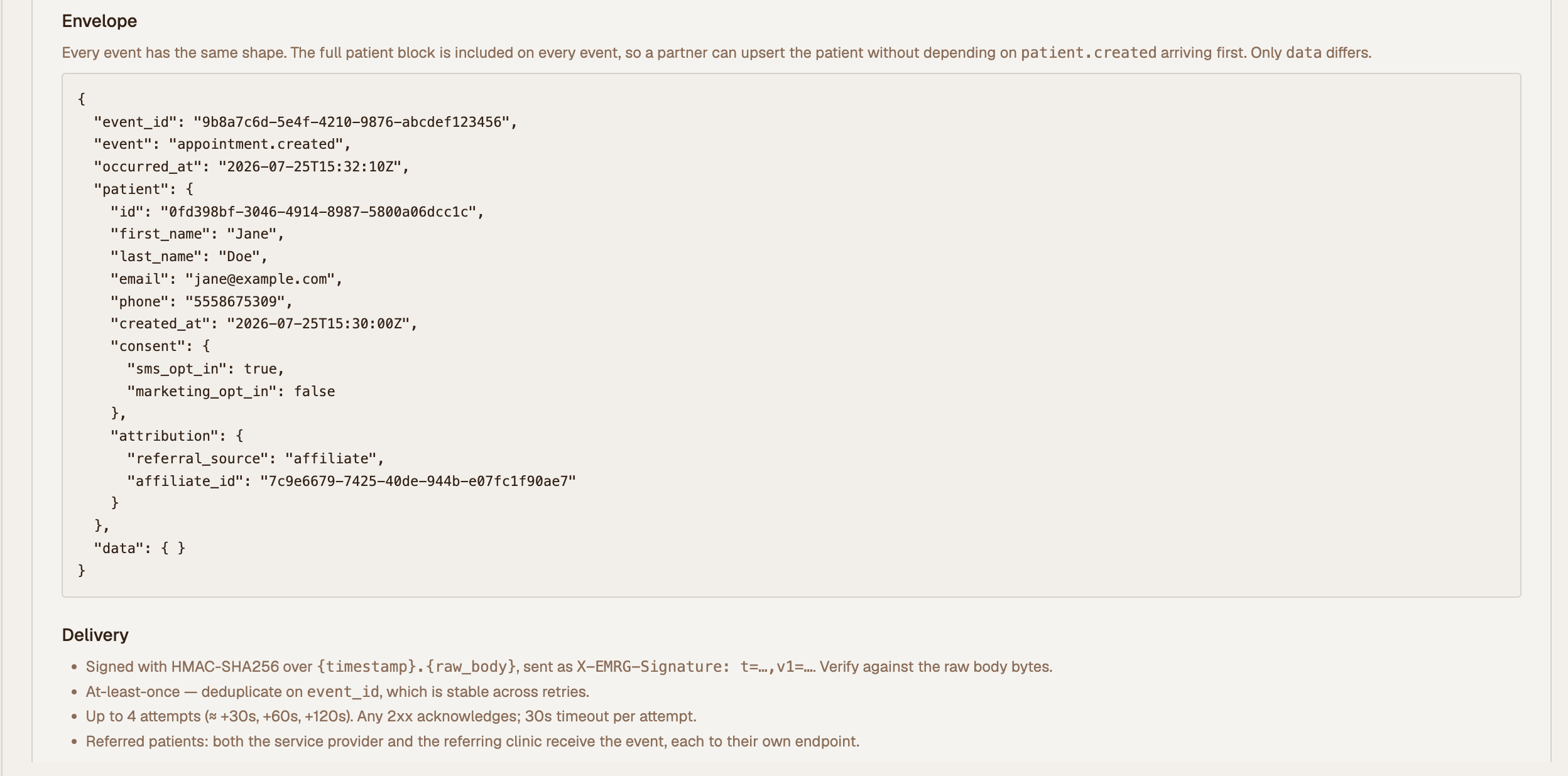 Partner Webhook Reference tab with envelope and delivery rules