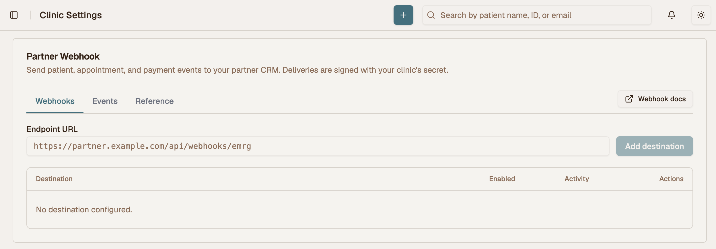Partner Webhook settings screen